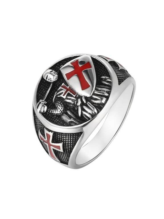 Templar Knight Shield Cross Round Signet Ring For Men Women 14K White Gold Filled Historic Heraldic Jewelry
