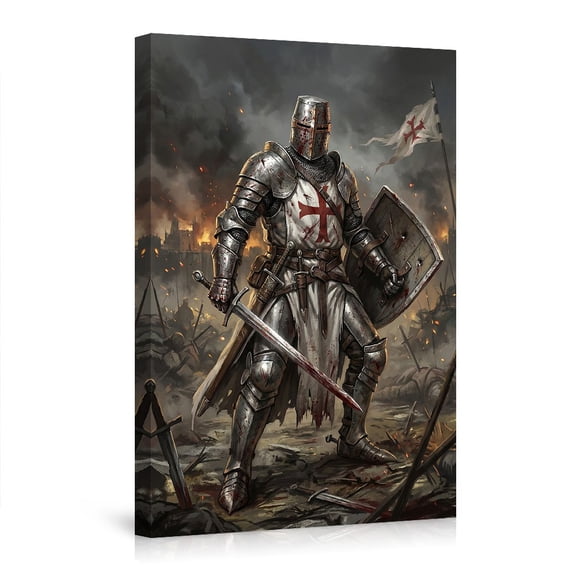 "Templar Knight on Battlefield" Canvas Wall Art, Epic Medieval Crusader Illustration, Bold Historical Decor for Man Cave, Office & Modern Home