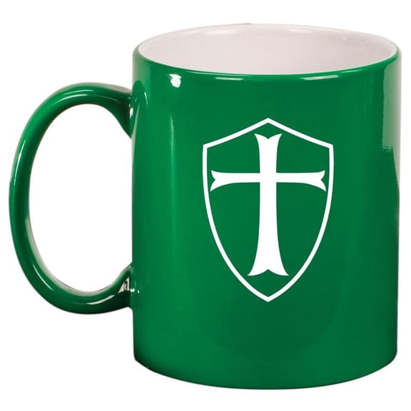 Templar Shield Knight Cross Ceramic Coffee Mug Tea Cup Gift for Her, Him, Friend, Coworker, Wife, Husband (11oz Green)