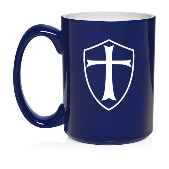 Templar Shield Knight Cross Ceramic Coffee Mug Tea Cup Gift for Her, Him, Friend, Coworker, Wife, Husband (15oz Blue)