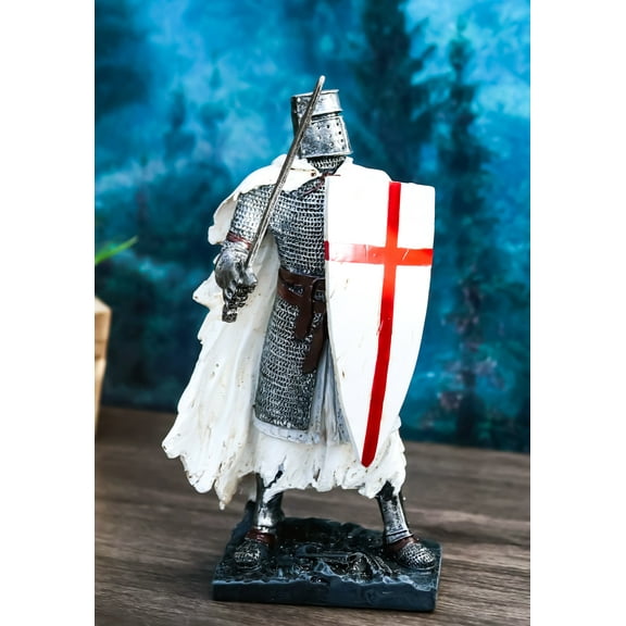Templar White Cloak Medieval Crusader Swordsman Knight W/ Cross Shield Figurine