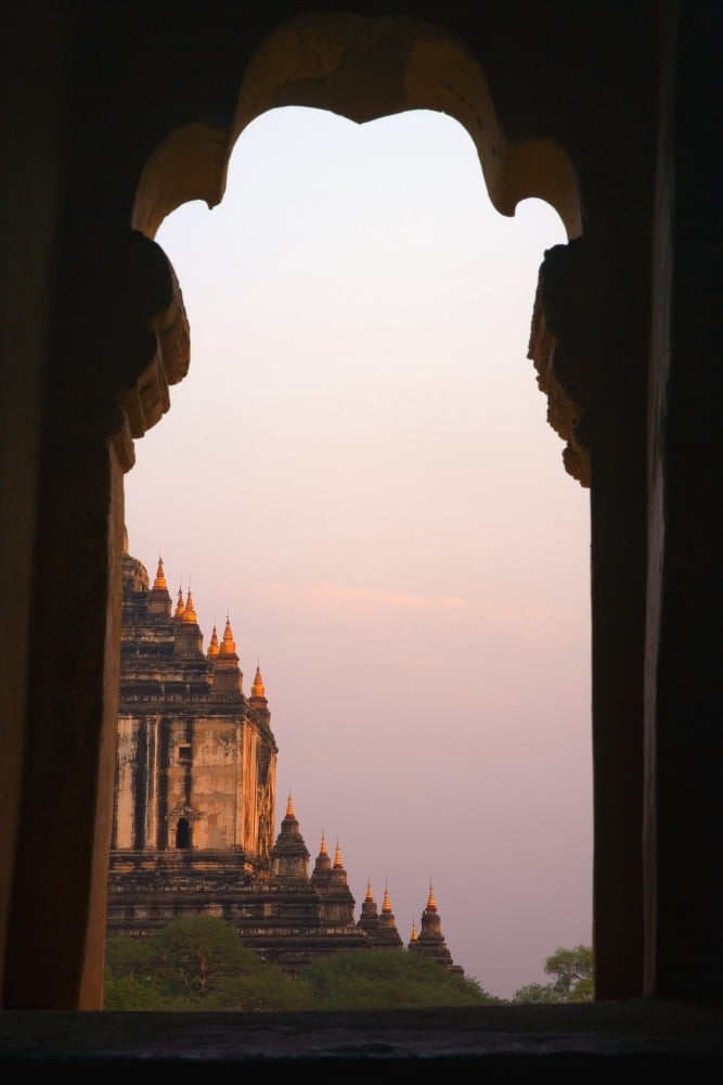 Temple At Sunset Seen From Temple Window In Myanmar Burma Canvas Art - Carson Ganci Design Pics (22 x 34)