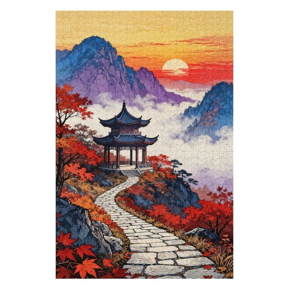 Temple in Autumn 500 Piece Jigsaw Puzzles for Adults Red Maple Leaf Scene Art Jigsaw Puzzle Challenging Family Activity Games Colorful DIY Craft Puzzle for Home Decor Gifts