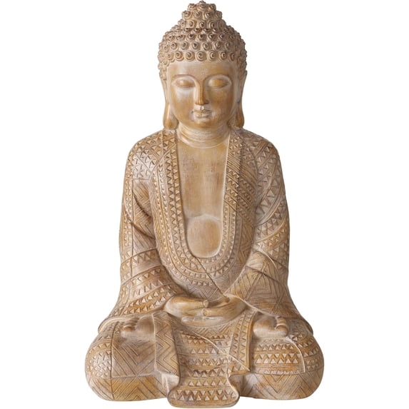 Big Buddha Statue, 19 " Tall, Seated Figurine, Padmasana Pose, Light Brown with White Patina, Resin