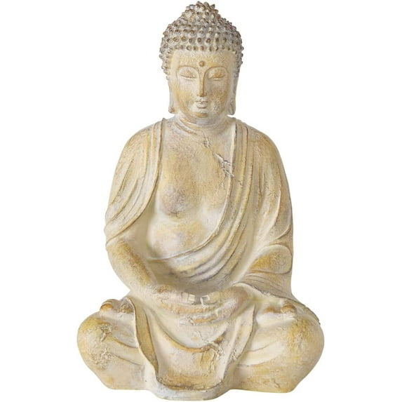 Temple Buddha, Soft White, Patina, Faux Terracotta, 15 Inches Tall, Hand Cast Resin, Seated Statue, Vintage Museum Quality Reproduction