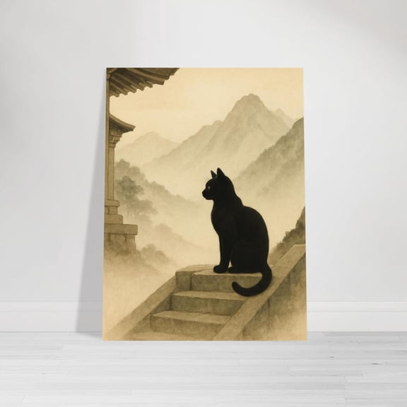 Temple Cat Wall Art Zen Japanese Ink Wall Decor, Unframed Paper Poster 8x10in