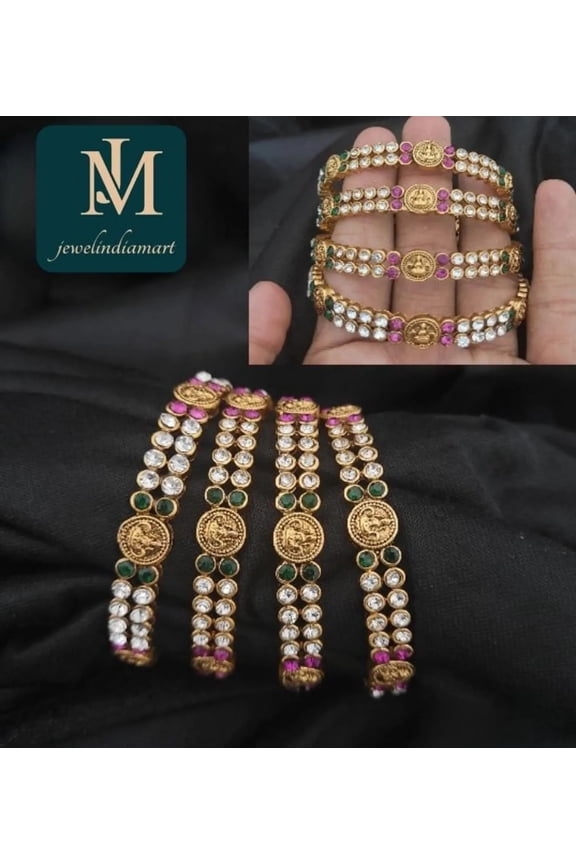 Temple Coin Design Ruby Green Stone Gold Plated Bangles (4 Pcs Set) Kundan Temple Bangles for Women Gold Plated Jewelry Bracelet