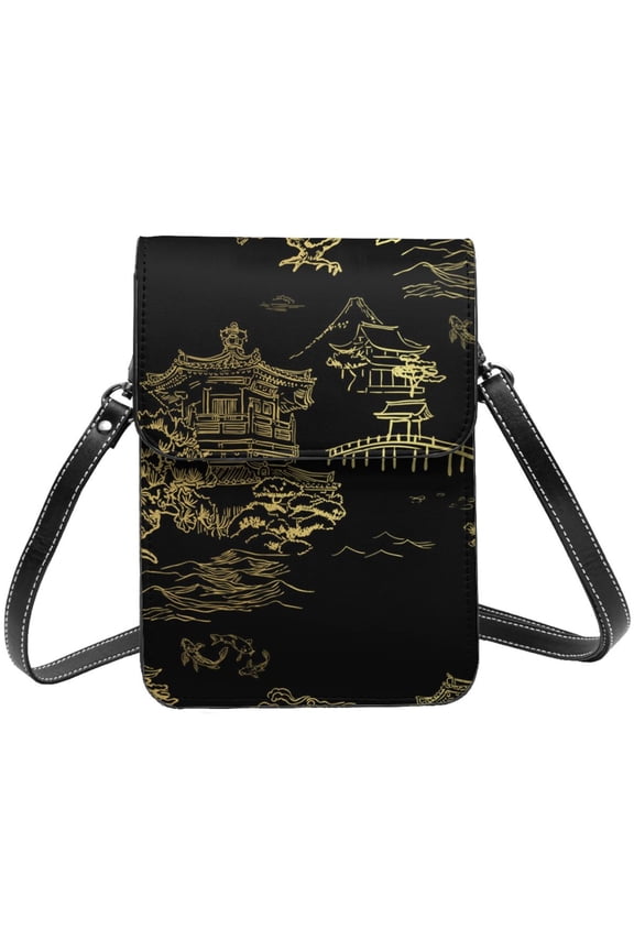 Temple Fish Garden Japanese Cell Phone Purse Small Crossbody Bag with Strap Credit Card Slots Leather Shoulder Wallet for Women