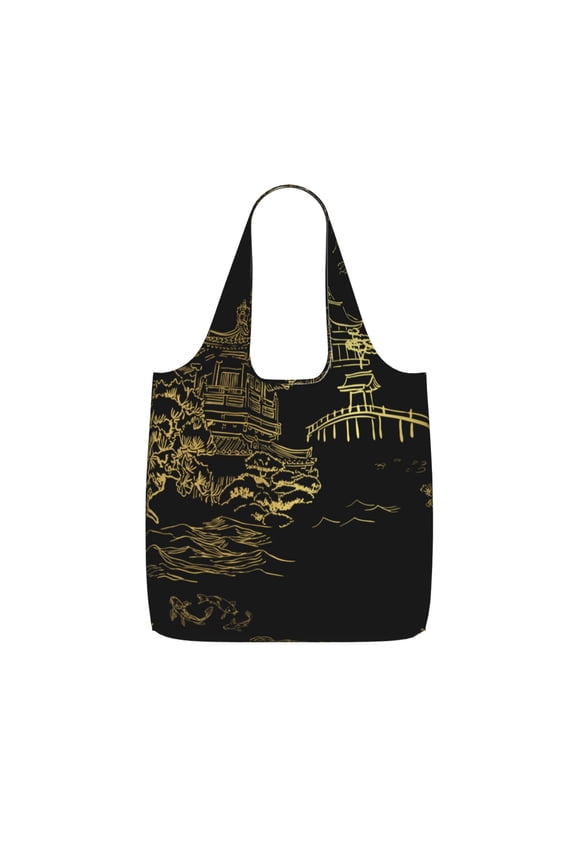 Temple Fish Garden Japanese Foldable Reusable Shopping Bag Large Capacity Tote Handbag Storage Pouch for Travel Work