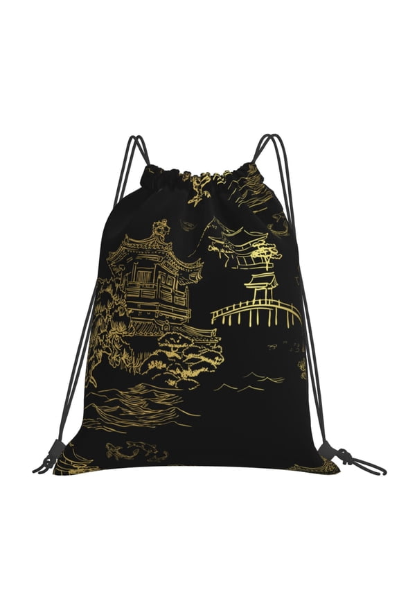 Temple Fish Garden Japanese Large Drawstring Backpack Casual Cinch Sack Bag Backpack for Sports Hiking Travel Gym