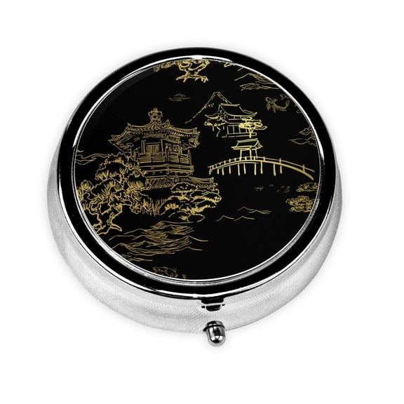 Temple Fish Garden Japanese Mini Round Pill Box Portable Small Pill Case Organizer with 3 Compartments for Pocket Purse
