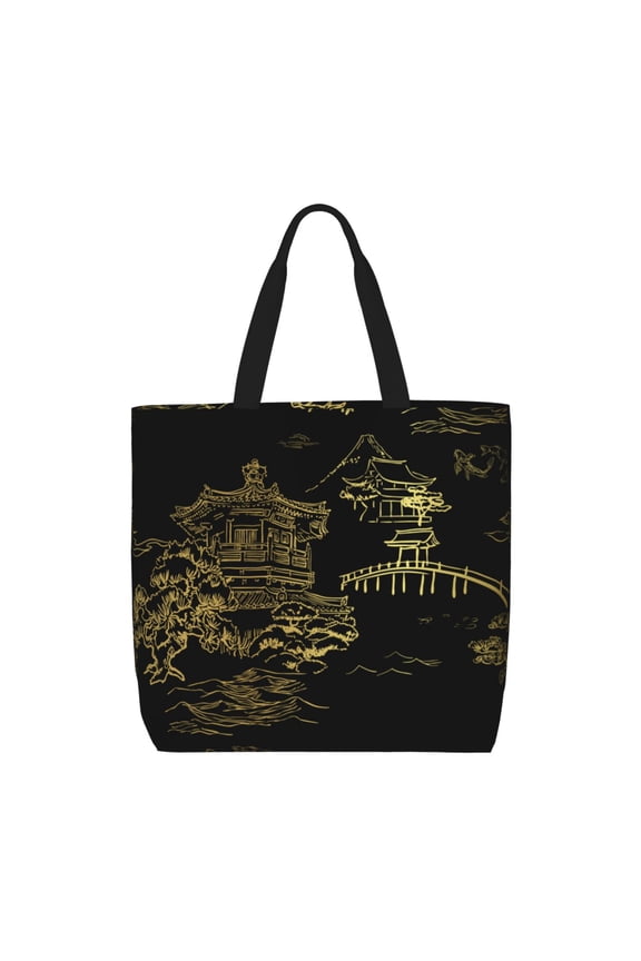 Temple Fish Garden Japanese Zippered Tote Bag Large Capacity Shoulder Handbag for Shopping, Work, Travel