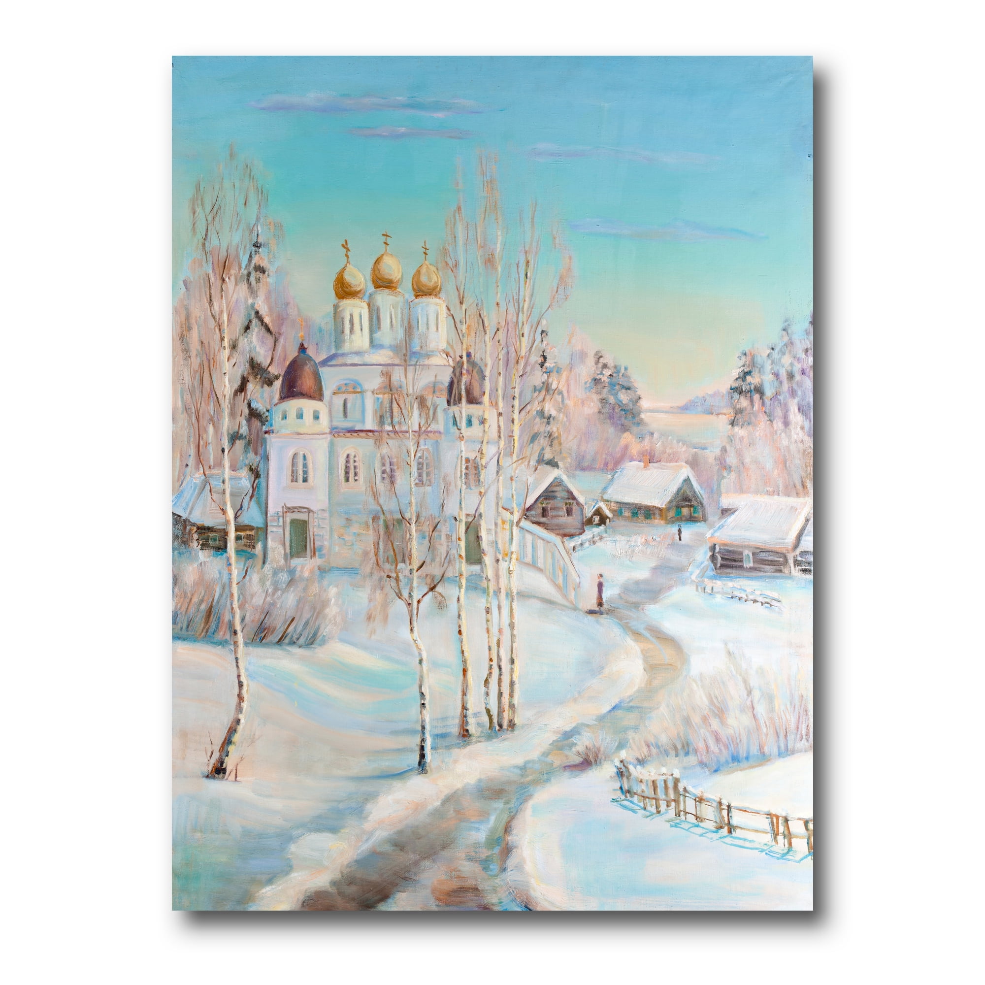 Temple Over Country Road In Winter Landscape 16 in x 32 in Painting Canvas Art Print, by Designart