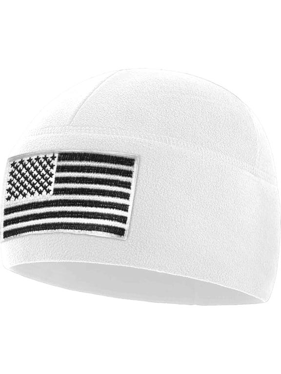 Winter Beanie Hat - American Flag Fleece Watch Cap - Multi Season Hats for Men - Mens Army Beanies - White - One Size