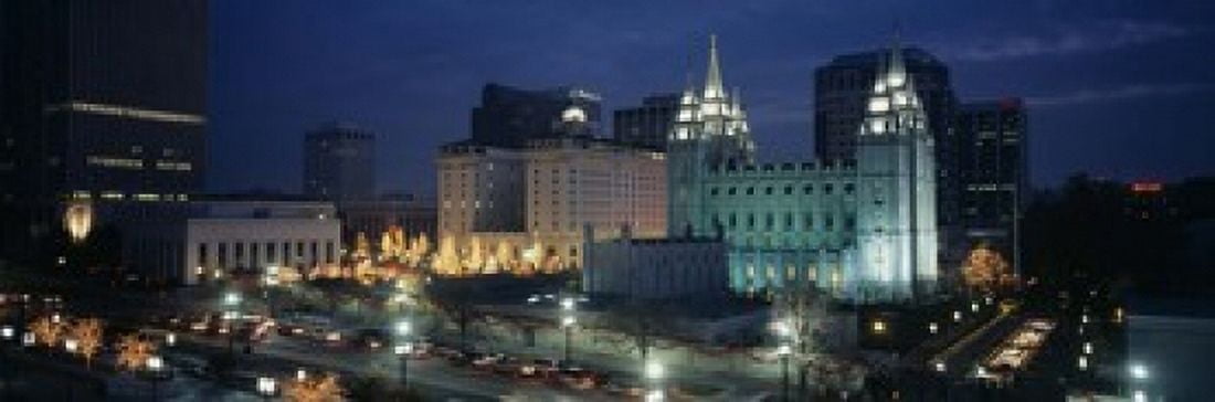 Temple lit up at night Mormon Temple Salt Lake City Utah USA Canvas Art - Panoramic Images (18 x 6)
