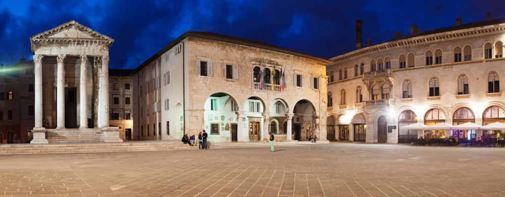Temple of Augustus and town hall on the marketplace in the old town at night Pula Istria Croatia Canvas Art - Panoramic Images (27 x 9)