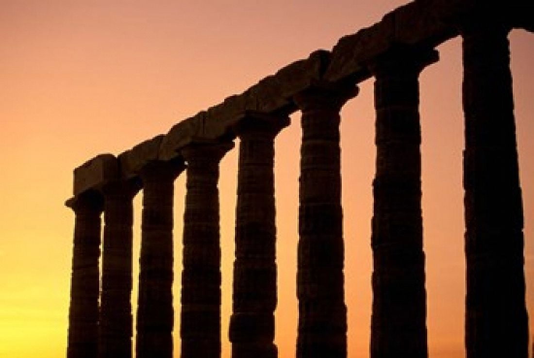 Temple of Poseidon Columns at Sunset Cape Sounion Attica Greece Canvas Art - Walter Bibikow DanitaDelimont (35 x 24)