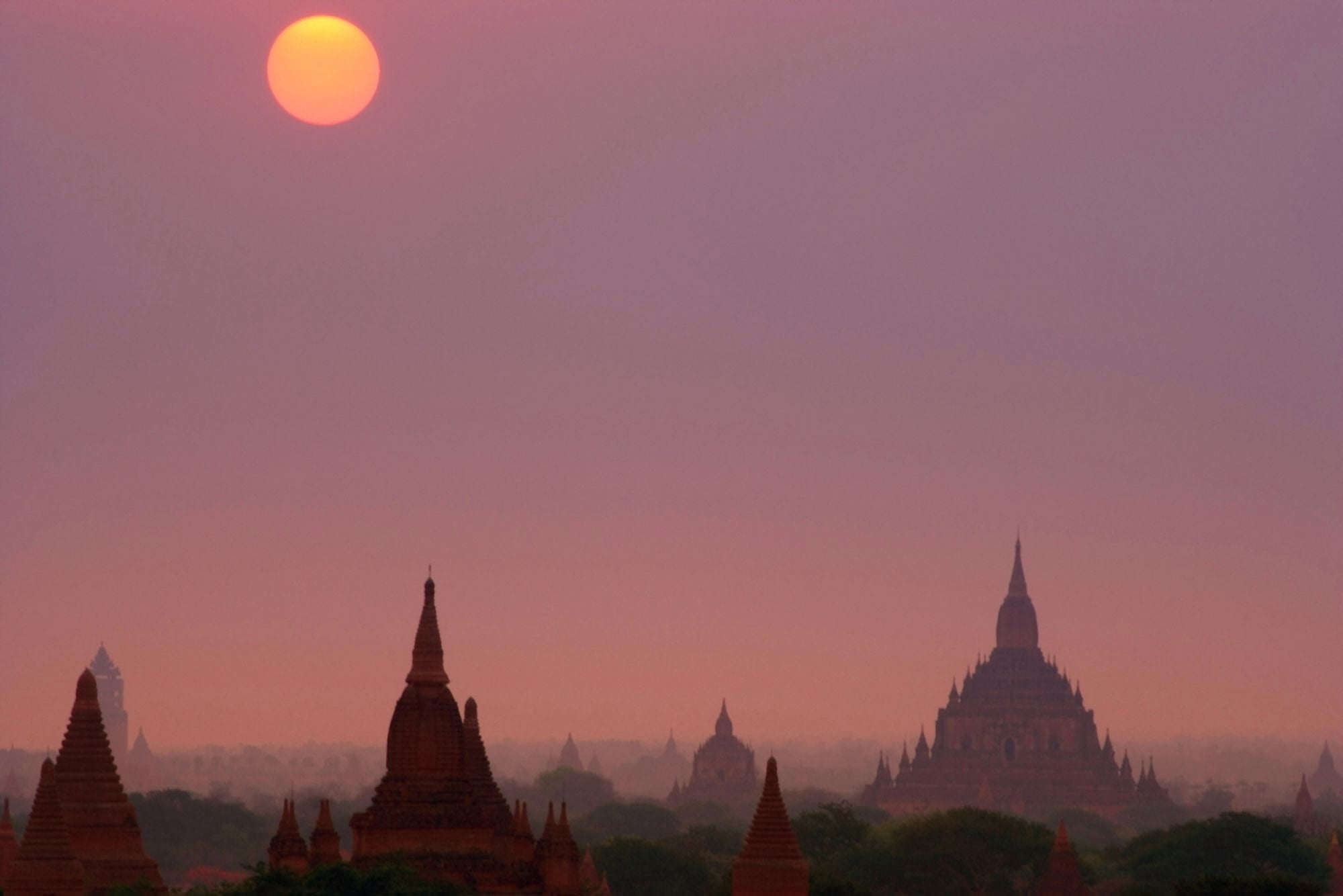 Temples Of Bagan At Sunrise In Bagan Myanmar Burma Canvas Art - Carson Ganci Design Pics (34 x 22)