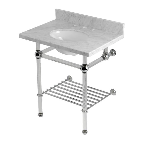 Templeton 30in. Carrara Marble Console Sink - White & Chrome - Includes Shelf - Elegant Design