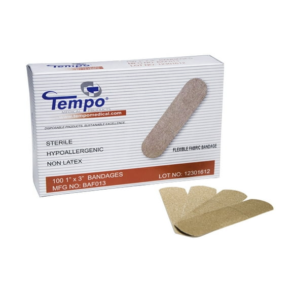 Tempo Latex Free Fabric Bandages - 1 x 3in - Box of 100
