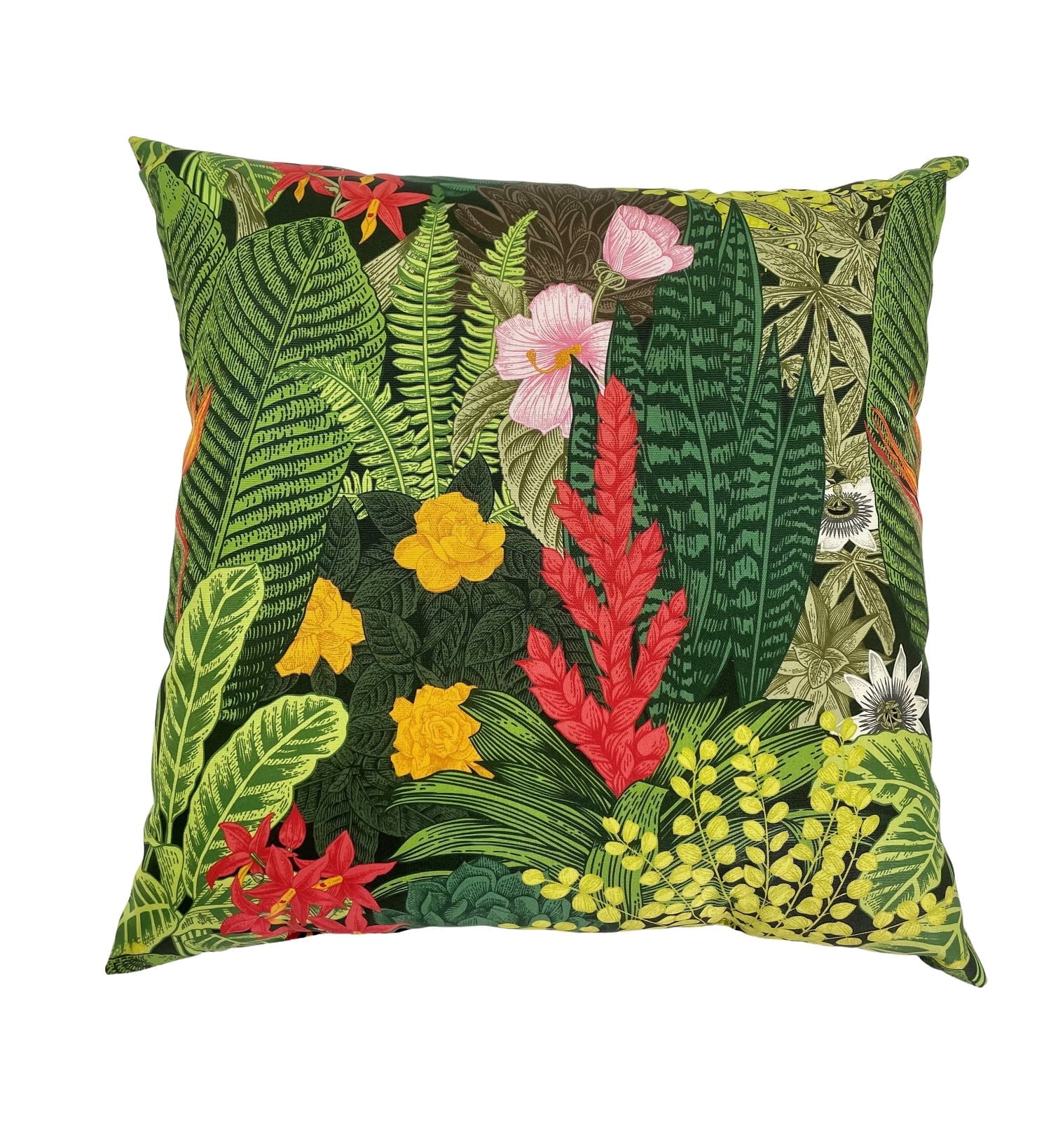 Vibrant Floral Green and Red Square Outdoor Pillow
