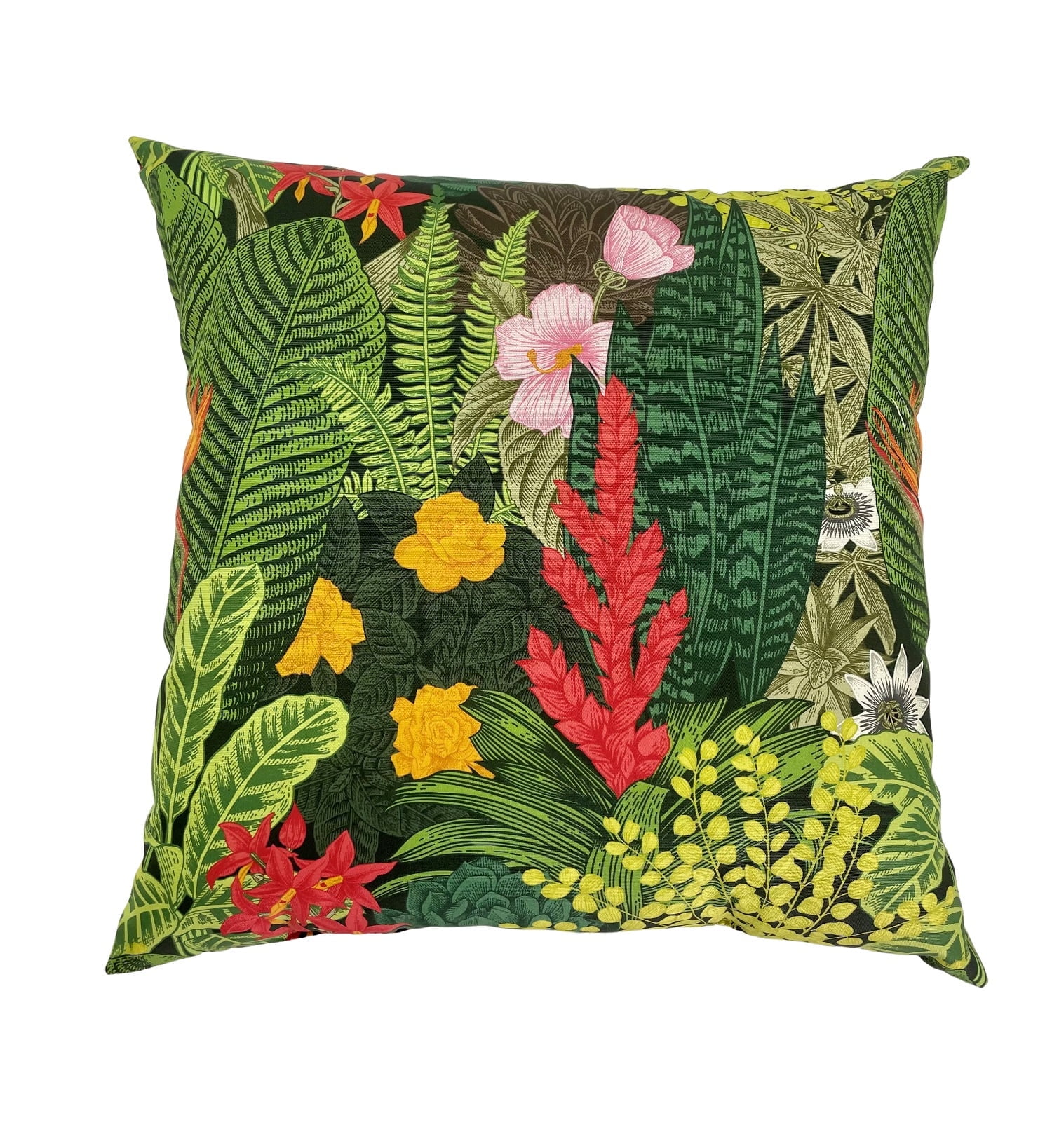 Vibrant Floral Green and Red Square Outdoor Pillow