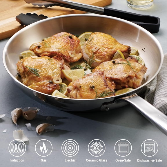 Tempo Tri-Ply Base Stainless Steel 12-Inch Large Frying Pan, Induction-Ready Skillet, Oven-Safe, Dishwasher-Safe