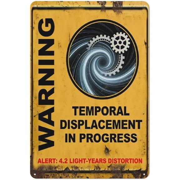 Temporal Displacement Warning Metal Tin Sign, Sci Fi Time Travel Wall Decor, 8 x 12 Inch Industrial Wall Art Plaque