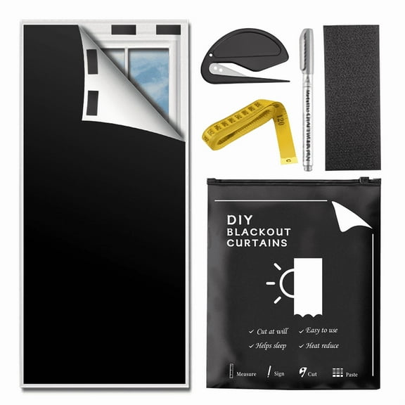 Temporary Blackout Curtains 118" x 57", 100% Blackout Shades for Window, Portable Black Out Blinds with Hook & Loop Stickers,tape measure,pen,Cutter, No Drill, UV Protect Black Out Window Shades