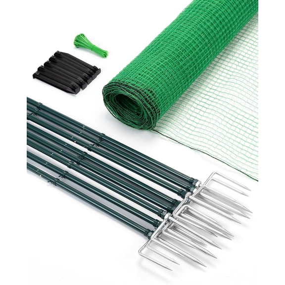 Temporary Fence with Metal Posts, 40" Hx50'L Garden Fence Animal Barrier with Ground Spikes, Plastic Fencing for Outdoor Dogs, Chicken, for Backyard, Patio, Garden