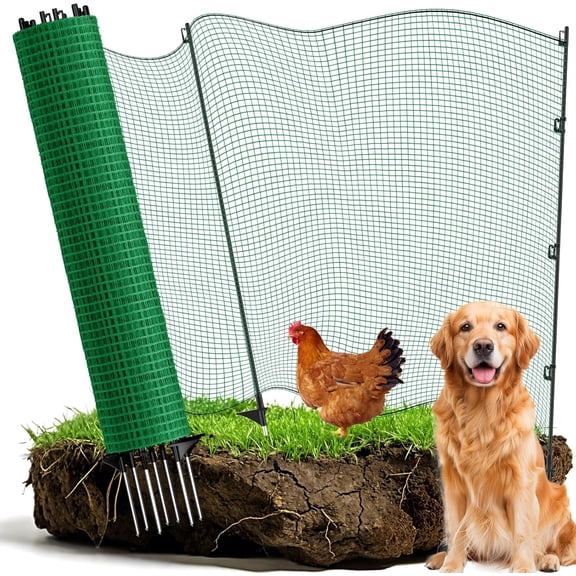 Temporary Fence with Posts, 3‘x50‘ Animal Barrier Dog Portable Fencing with Fiberglass Stake Windbreak Rope, Safety Snow Plastic Netting Roll for Garden Backyard Outdoor for Chickens