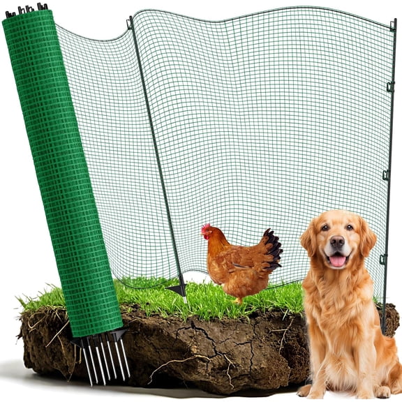 Temporary Fence with Posts, Animal Barrier Dog Portable Fencing with Fiberglass Stake Windbreak Rope, Safety Snow Plastic Netting Roll for Garden Backyard Outdoor for Chickens or Other Animals