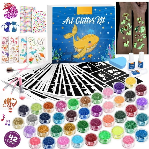 Temporary Glitter Tattoo Kids, Caveen 42 Colors Glitter Tattoo Set with 370 Rhinestone Sticker, 210 Stencils, 5 Brushes, 4 Luminous Sticker, 3 Glues Kids Birthday Party Festival Gift