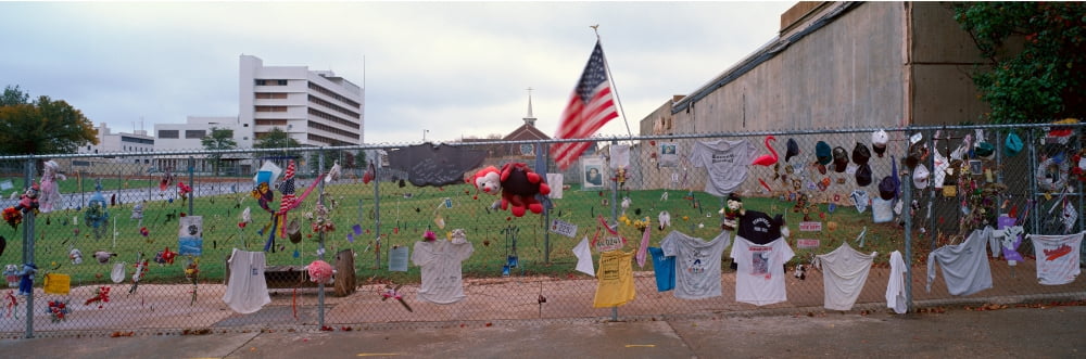 Temporary Memorial for 1995 Oklahoma City Bombing with flags pictures and personal notes on fence Canvas Art - Panoramic Images (36 x 12)