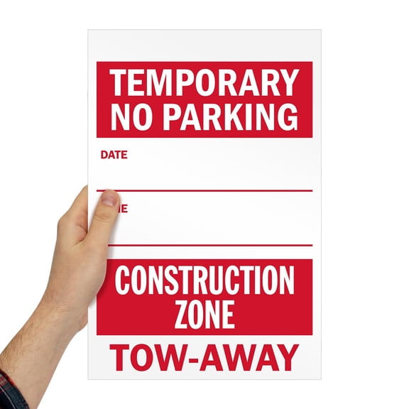 "Temporary No Parking Construction Zone Tow Away" | 12" x 8" Metal Sign, Red/White