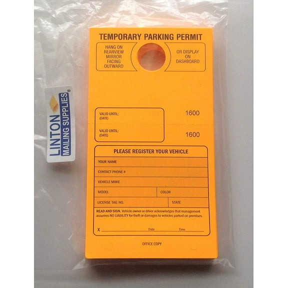 Temporary Parking Permit - Mirror Hang Tags, Consecutive Numbers with Tear-Off Stub, 7-3/4" x 4-1/4", Bright Fluorescent Orange - Pack of 50 Tags