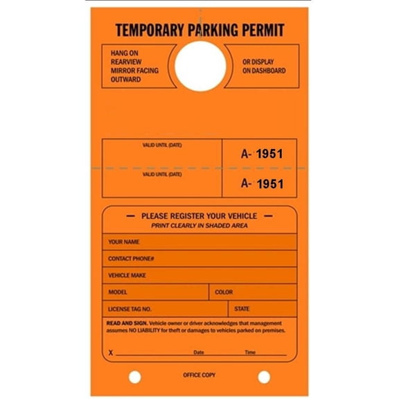 Temporary Parking Permit - Mirror Hang Tags, Numbered with Tear-Off Stub, 7-3/4" x 4-1/4", Bright Fluorescent Orange - Pack of 50 Tags (1951-2000)