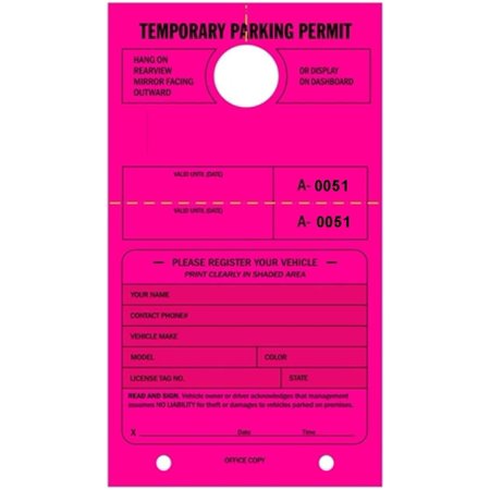 Temporary Parking Permit - Mirror Hang Tags, Numbered with Tear-Off Stub, 7-3/4" x 4-1/4", Bright Fluorescent Pink - Pack of 50 Tags (0051-0100)