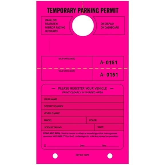 Temporary Parking Permit - Mirror Hang Tags, Numbered with Tear-Off Stub, 7-3/4" x 4-1/4", Bright Fluorescent Pink - Pack of 50 Tags (0151-0200)