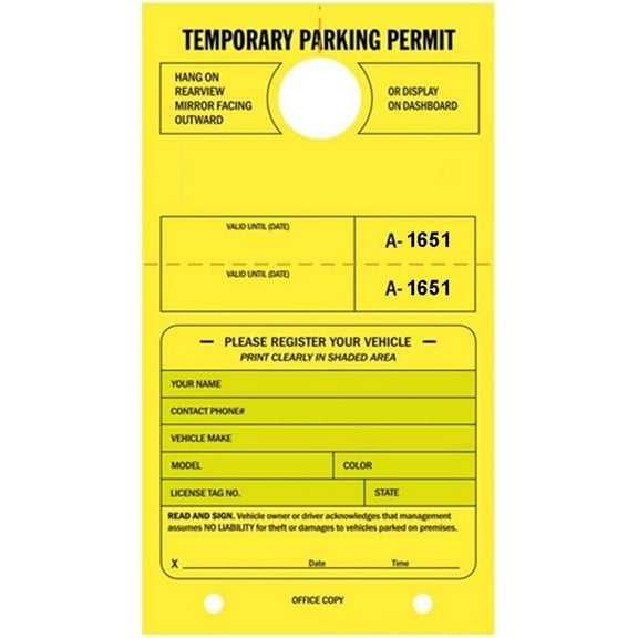 Temporary Parking Permit - Mirror Hang Tags, Numbered with Tear-Off Stub, 7-3/4" x 4-1/4", Bright Fluorescent Yellow - Pack of 50 Tags (1651-1700)
