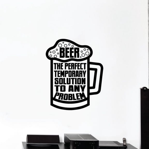 Temporary Solution To Any Probleem - Beer Mug Silhouette Beer Quotes Vinyl Wall Sticker Art Decal Bar Room Kitchen Area Home Bar Lounge Design Bedroom Home Decor Stickers Decoration Size (10x8 inch)