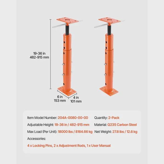 Temporary Support House Floor Jacks  2 Pack, 19-36" Height Range, 18,000 lbs Capacity, Adjustable Steel Telescoping Post, Basement Jack Pole for Leveling