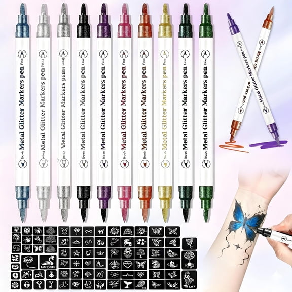 Temporary Tattoo Markers for Skin, 10 Colors Dual-Tip Tattoo Pens + 40 Tattoo Stencils (Random Style), Cosmetic-Grade Body Markers Washable & Gentle on skin for Festivals, Halloween & Game Day (1set)
