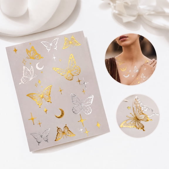 Temporary Tattoo Sheet, Gold Foil, Waterproof, Gold Butterfly Decor, 1Pc 8X6 Inch Butterfly with Tiny Gold Stars, Silver Stars and Crescent Moon Patterns, Glitter Flash Henna