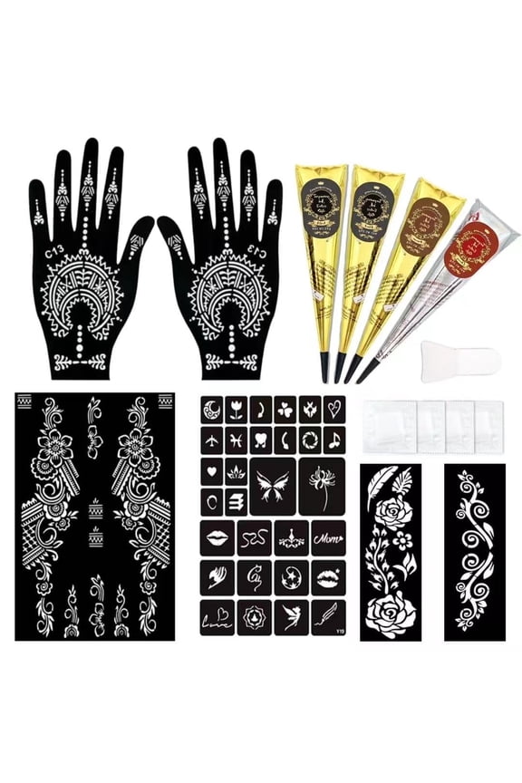 Temporary Stencils Tattoos Kit, 4 Pcs Tattoo Cones with 3 Colors (2 Black, 1 Maroon, 1 Cherry Red), Gloves & Brush Tool, DIY Body Art Skin Painting Designs for Women, Men, Kids, Party, Gifts