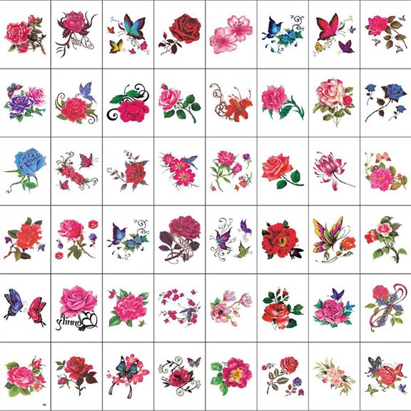 Temporary Tattoos Stickers, Waterproof Fake Tattoos for Body Art, Long Lasting Rose Floral Skin Stickers, Set of 50 Assorted Designs for Arms Ankles Wrist