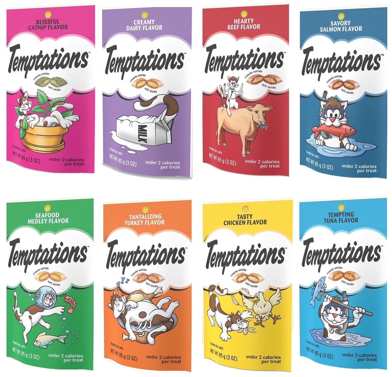 Temptation Classic Tasthttpy Cat Treats Variety Pack 8 Flavors ( Tantalizing Turkey, Chicken, Hearty Beef, Tuna, Creamy Dairy, Blissful Catnip,Savory Salmon, Seafood Medley) 3oz Each with Petlewa Box…