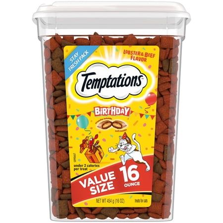 TEMPTATIONS BIRTHDAY LOBSTER AND BEEF FLAVOR DENTAL TREATS FOR CATS, 16 OZ TUB