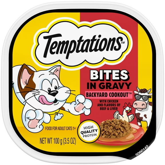 Temptations Bites In Gravy Backyard Cookout Flavor Adult Wet Cat Food, 3.5 Oz Tray
