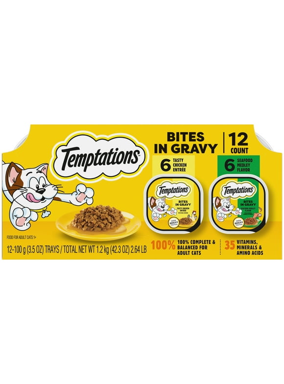 Temptations Bites in Gravy Flavor Wet Cat Food Variety Pack, 3.5 oz Tray (12 Pack)